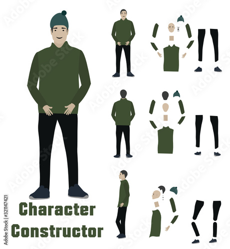 A young man in a green jacket, blue hat and black pants - isolated on white background. Flat character constructor in vector for motion design and cartoons. 