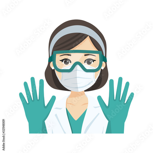 Young female doctor wearing the n95 respiratory protection mask, glasses and gloves, against infectives diseases. Vector illustration