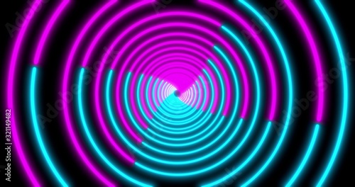 Neon Circle background with LED Fluorescent tunnel. Ultraviolet abstract blue, purple color. . 3D illustration