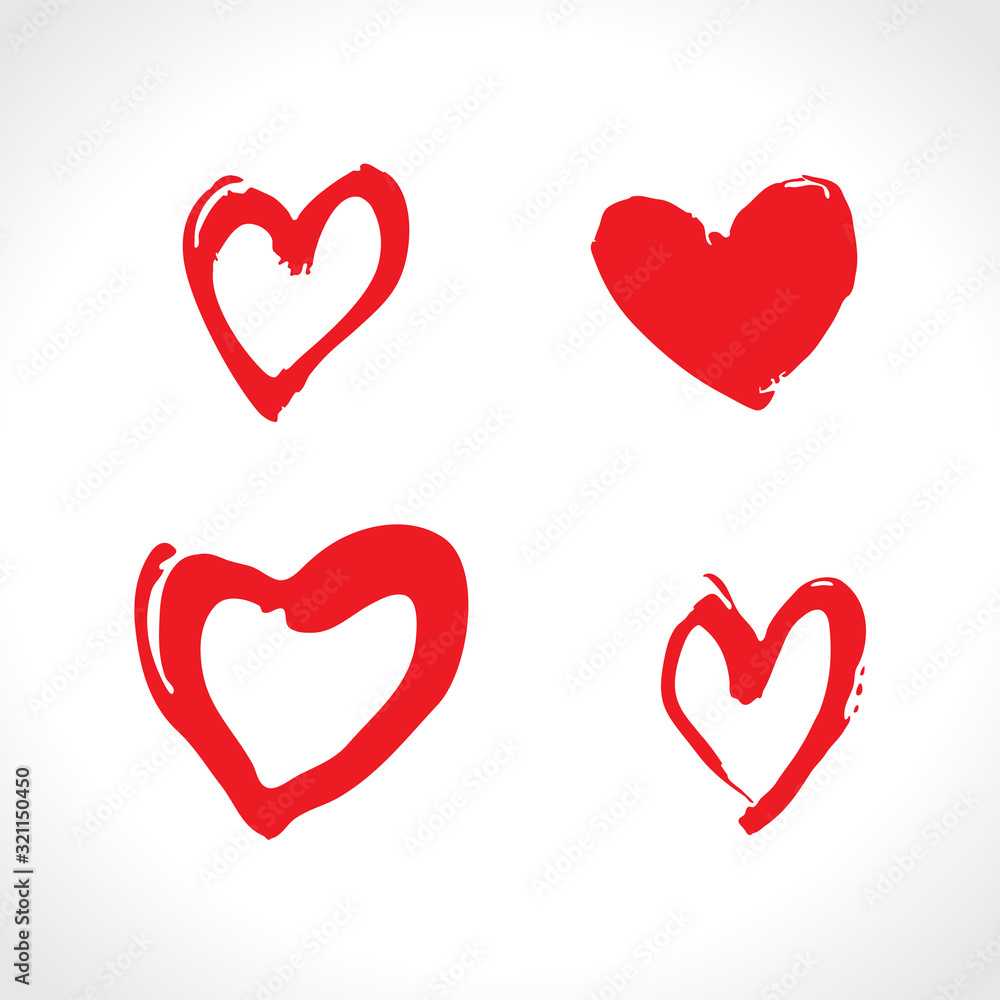 Set of four red freehand drawn hearts. Vector pattern imitation of drawing with a brush.