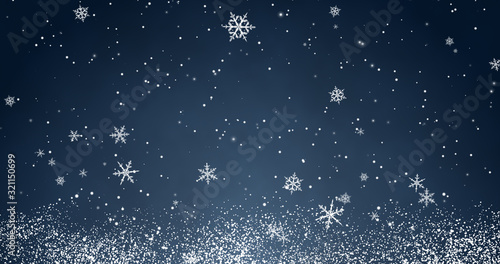 Snowflakes and bokeh lights on the blue Merry Christmas background. 3D rendering