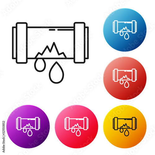 Black line Broken metal pipe with leaking water icon isolated on white background. Set icons colorful circle buttons. Vector Illustration
