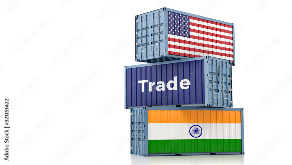 Freight container with India and USA flag. 3D Rendering