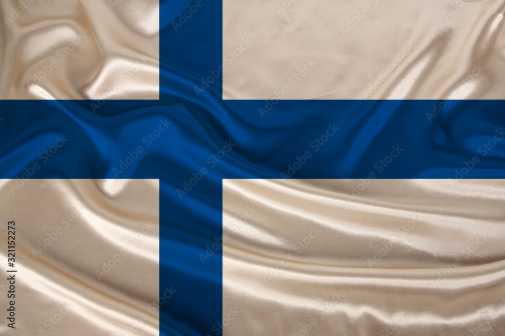 photo of the national flag of the state of Finland on a luxurious texture of satin, silk with waves, folds and highlights, close-up, copy space, illustration photo of the national flag of the state of Finland on a luxurious texture of satin, silk with waves, folds and highlights, close-up, copy space, illustration