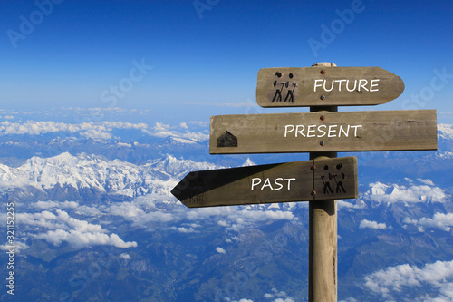 three signs indicating the way to the past, present and future over the mountains