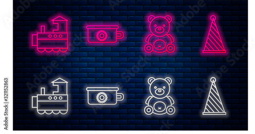 Set line Baby potty, Teddy bear plush toy, Toy train and Party hat. Glowing neon icon on brick wall. Vector