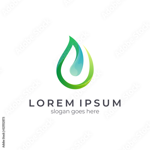 Leaf water drop logo design, green environment vector illustration, nature logo template.