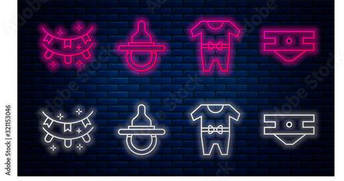 Set line Baby dummy pacifier, Baby clothes, Carnival garland with flags and Baby absorbent diaper. Glowing neon icon on brick wall. Vector