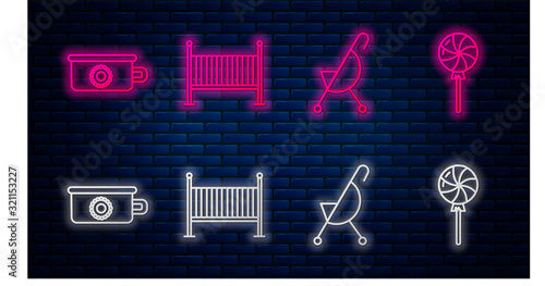 Set line Baby crib cradle bed, Baby stroller, Baby potty and Lollipop. Glowing neon icon on brick wall. Vector