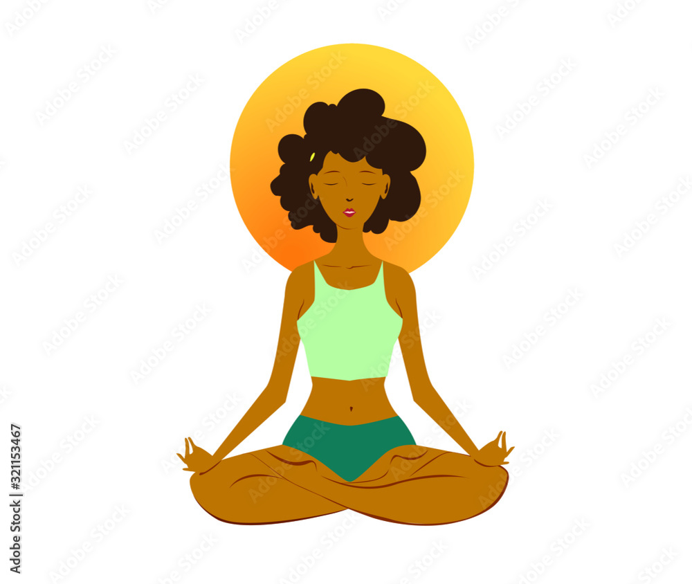 Black young woman, practicing yoga in the lotus pose. Healthy lifestyle and wellness concept. Flat cartoon vector illustration for meditation, recreation, Yoga Day. Isolated on white background