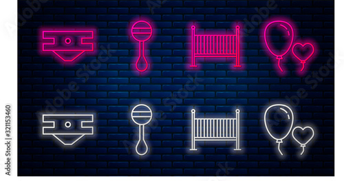 Set line Rattle baby toy, Baby crib cradle bed, Baby absorbent diaper and Balloons in form of heart. Glowing neon icon on brick wall. Vector