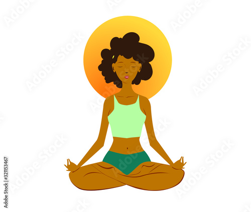 Black young woman, practicing yoga in the lotus pose. Healthy lifestyle and wellness concept. Flat cartoon vector illustration for meditation, recreation, Yoga Day. Isolated on white background