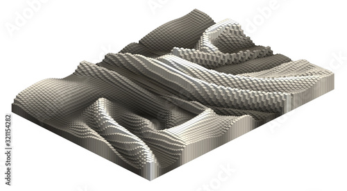 Voxel terrain landscape pixel art sample - 3D brick world -  isometric logarithmic model relief concept  illustration