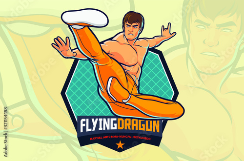 Flying Kick fighter action for martial arts illustration or gym logo design