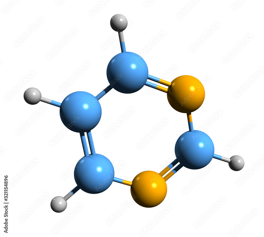 3D image of pyrimidine skeletal formula - molecular chemical structure of Diazabenzene isolated on white background 3D image of pyrimidine skeletal formula - molecular chemical structure of Diazabenzene isolated on white background