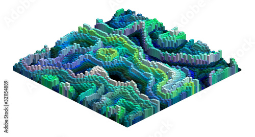 Voxel mountain landscape pixel art sample - 3D brick canyon -  isometric logarithmic model relief concept  illustration