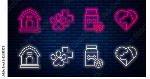 Set line Veterinary clinic symbol, Bag of food for pet, Dog house and Heart with cat. Glowing neon icon on brick wall. Vector
