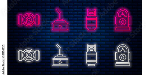 Set line Canister for motor machine oil, Propane gas tank, Industry metallic pipes and valve and Petrol or Gas station. Glowing neon icon on brick wall. Vector