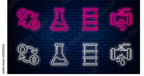 Set line Test tube and flask, Barrel oil, Oil exchange, water transfer, convert and Broken metal pipe with leaking water. Glowing neon icon on brick wall. Vector