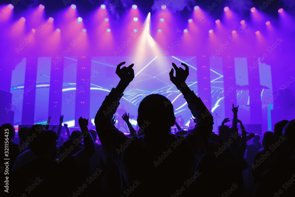 Fototapeta Man with raised hands enjoys a music show