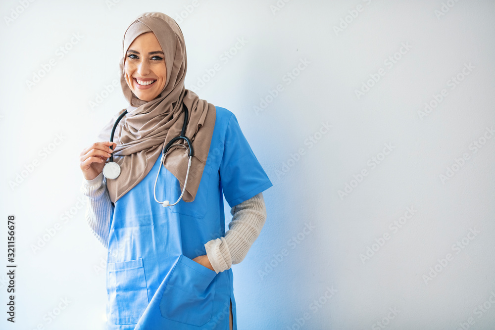 hijab woman with health concept. Portrait of confident female nurse in