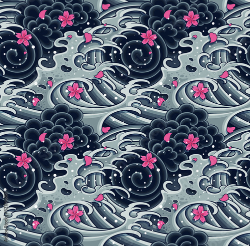 Japanese wave with sakura seamless pattern for textile, background, garments or wallpaper