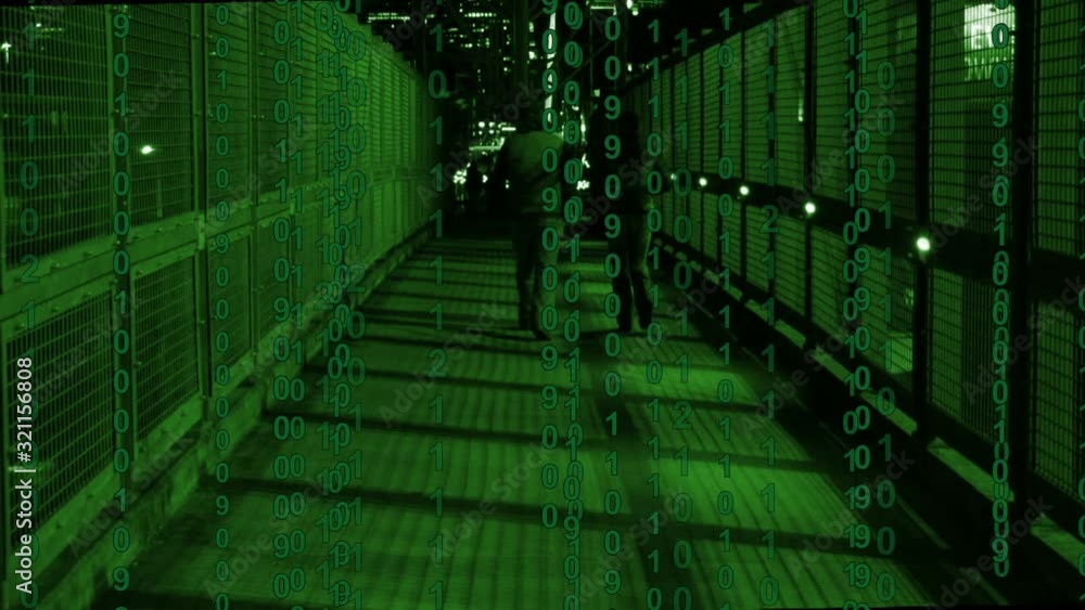 Silhouettes of people walking over a bridge in the city with binary computer code scrolling. Artificial Intelligence concept Silhouettes of people walking over a bridge in the city with binary computer code scrolling. Artificial Intelligence concept