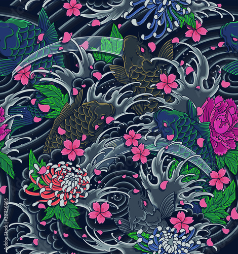 Japanese Wave and Koi  Illustration as a seamless pattern for background, garments, clothing, wrapping paper or wallpaper.