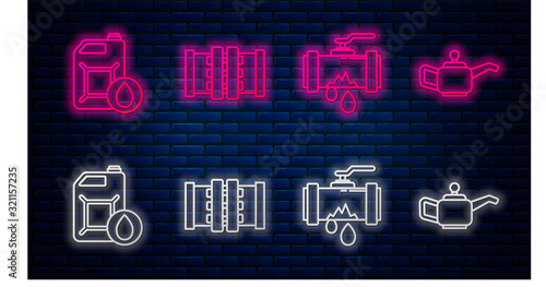 Set line Industry metallic pipes and valve, Broken metal pipe with leaking water, Canister for motor machine oil and Canister for motor machine oil. Glowing neon icon on brick wall. Vector