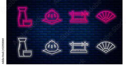 Set line Khinkali on cutting board, Traditional Japanese katana, Traditional Japanese tea ceremony and Paper chinese or japanese folding fan. Glowing neon icon on brick wall. Vector