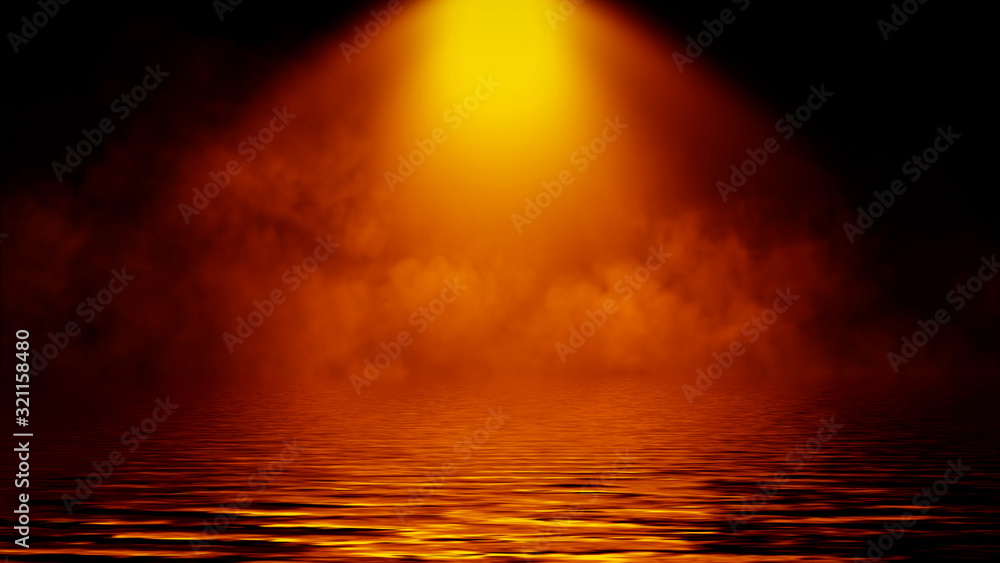 Divine light through a dark fog. The rays beam light on the floor. Spotlight on isolated background. Stock illustration.. Reflection on water.