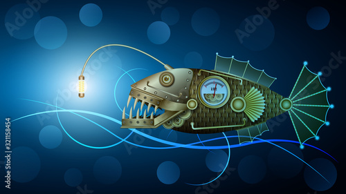 Mechanical golden metal fish under water, Steampunk.
