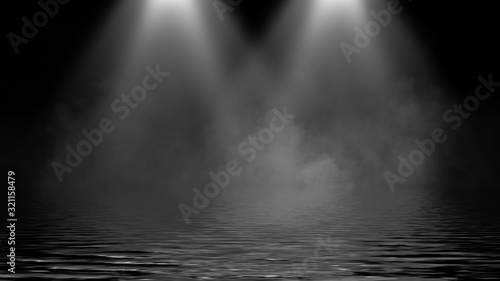 Divine light through a dark fog. The rays beam light on the floor. Spotlight on isolated background. Stock illustration.. Reflection on water.