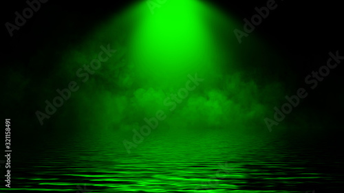 Divine light through a dark fog. The rays green beam light on the floor. Spotlight on isolated background. Stock illustration.. Reflection on water.