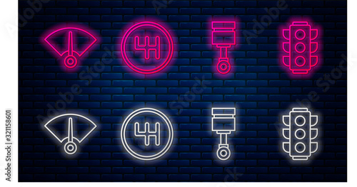 Set line Gear shifter, Engine piston, Speedometer and Traffic light. Glowing neon icon on brick wall. Vector