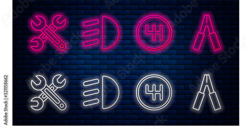 Set line High beam, Gear shifter, Wrench and Car battery jumper power cable. Glowing neon icon on brick wall. Vector