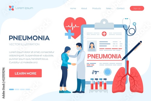 Medical diagnosis - Pneumonia. Lungs infection. Medical concept of bacterial pneumonia. Lung disease diagnosis. Coronavirus symptoms. Doctor taking care of patient. Vector illustration.
