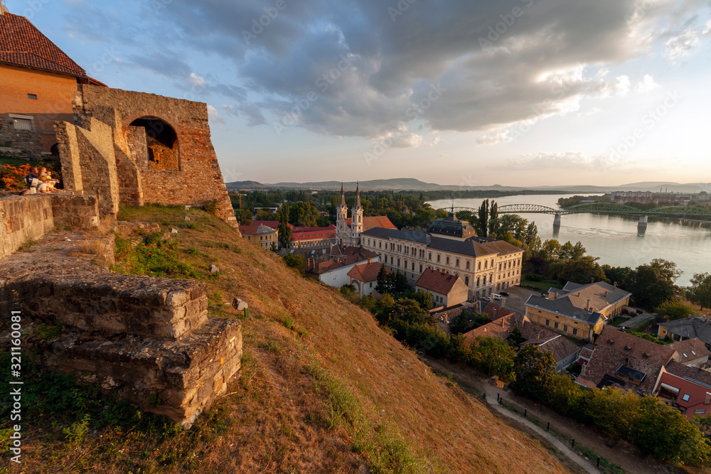 Town of Esztergom and the Maria Valeria Bridge view from the Castle hill.