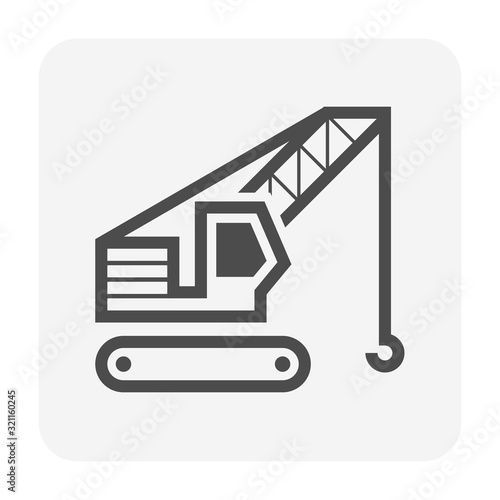 Crawler crane or derrick crane vector icon design. Machinery equipment or vehicle consist of lattice boom, track wheel and hook for work in building construction site to lift, transport heavy load.