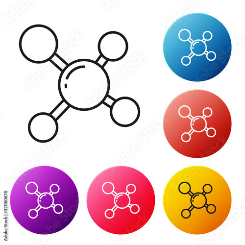 Black line Molecule icon isolated on white background. Structure of molecules in chemistry, science teachers innovative educational poster. Set icons colorful circle buttons. Vector Illustration