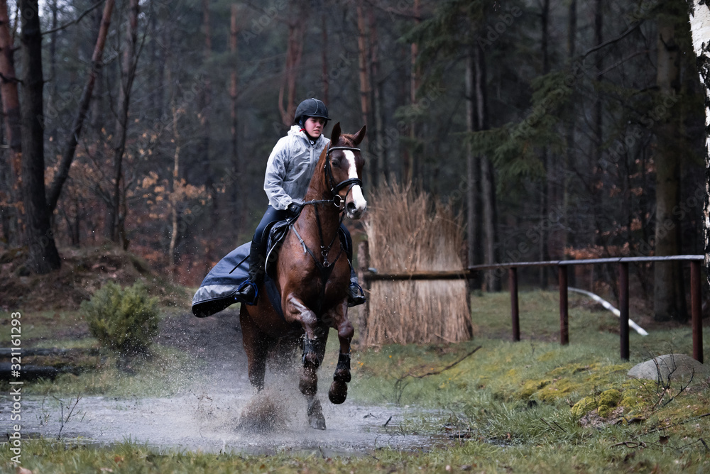 Reiterin galoppiert mit ihrem Pferd bei schlechtem Wetter durch den Wassergraben Reiterin galoppiert mit ihrem Pferd bei schlechtem Wetter durch den Wassergraben