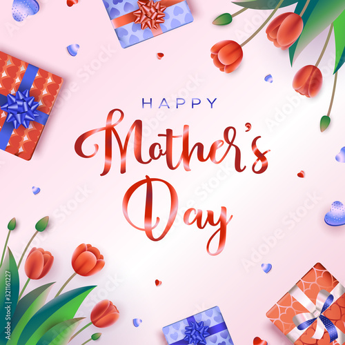 Happy Mothers day greeting card with red tulips, hearts, and gifts on a pink background. Vector illustration in a modern style