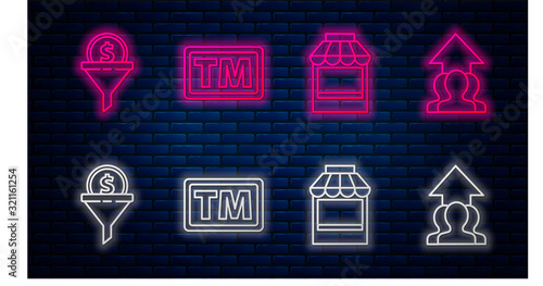 Set line Trademark, Shopping building or market store, Lead management and Growth chart and progress in people crowd. Glowing neon icon on brick wall. Vector