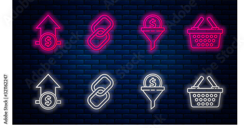 Set line Chain link, Lead management, Financial growth and coin and Shopping basket. Glowing neon icon on brick wall. Vector