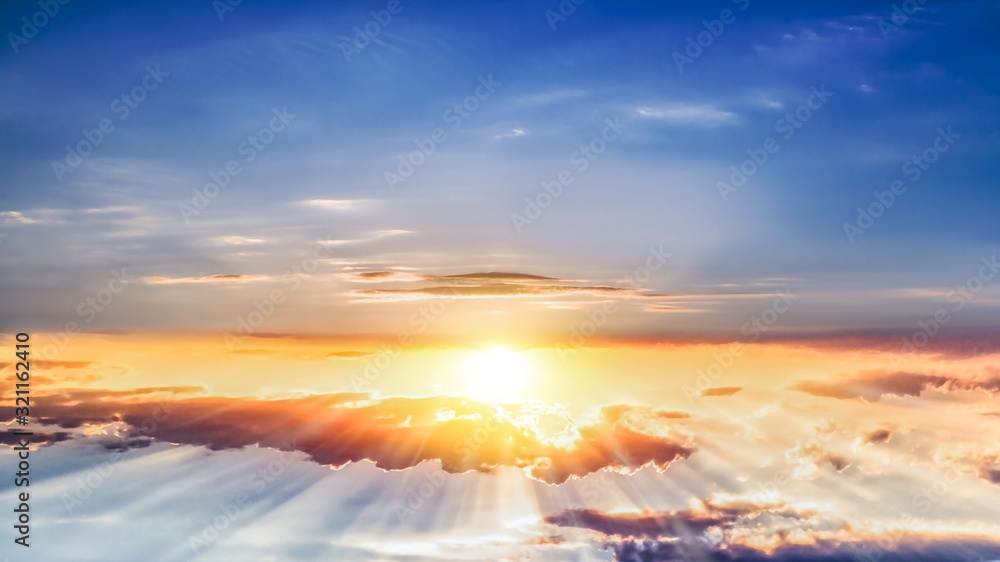  Beautiful sunrise . Beautiful heavenly landscape with the sun in the clouds .