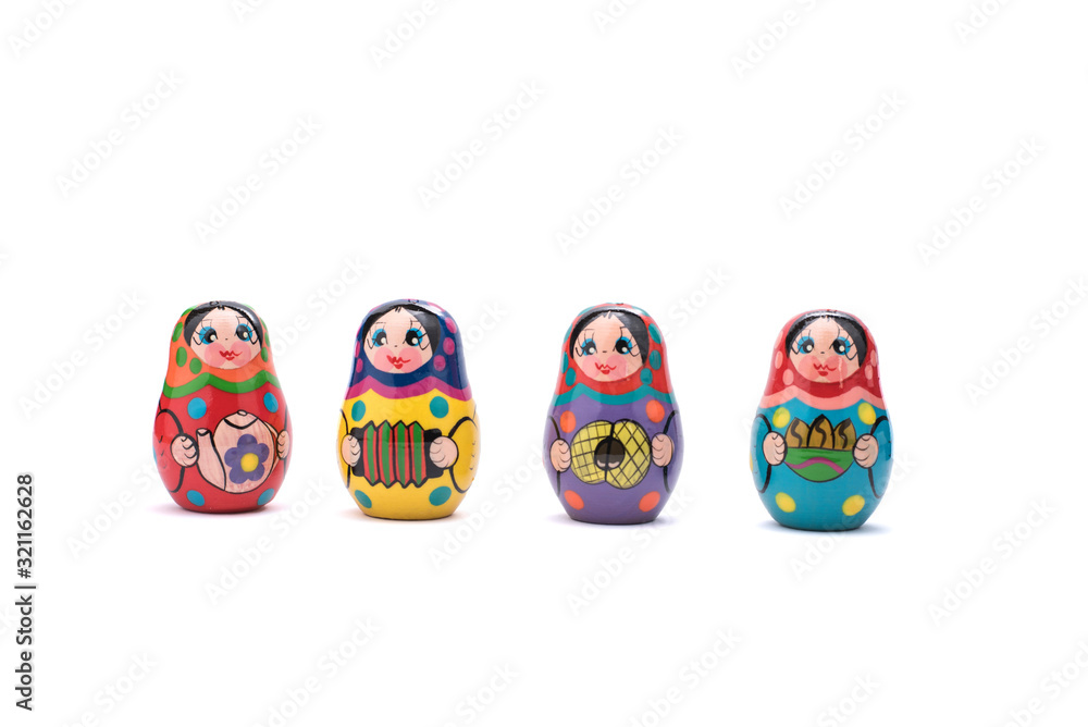 traditional russian souvenir matryoshka, four  babushka doll in a row
