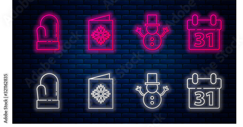 Set line Christmas postcard, Christmas snowman, Christmas mitten and Calendar. Glowing neon icon on brick wall. Vector