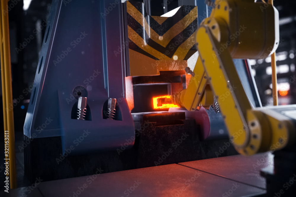 Fototapeta premium Hot metal billet under the press.