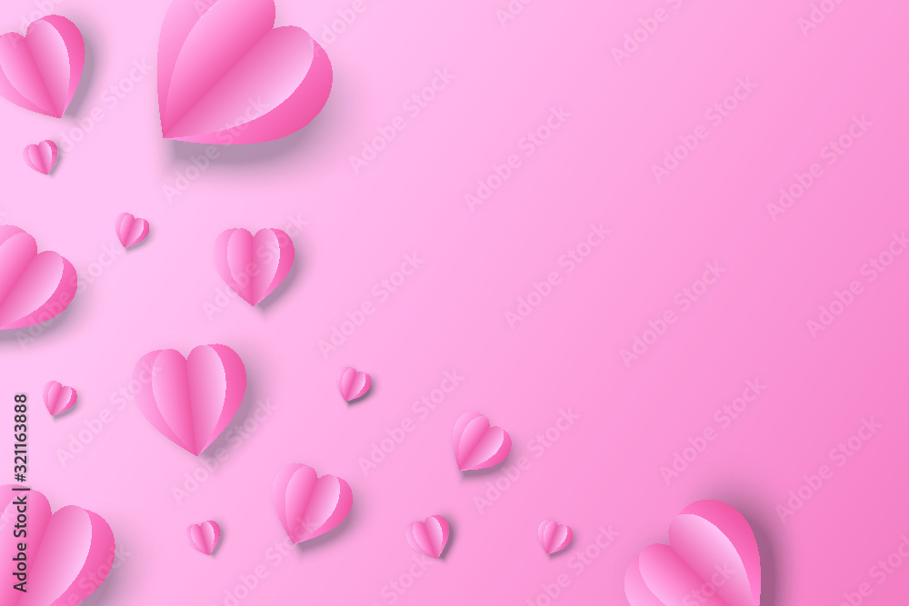 Valentine's Day frame card design on pink gradient background beautiful paper heart shape around left edge and have a copy space for text.