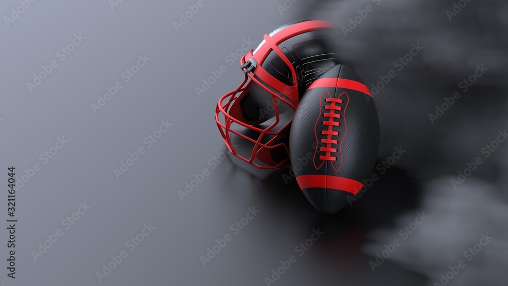 American football red-black helmet and Ball with dark black toned foggy blur smoke under black-white laser lighting. 3D illustration. 3D high quality rendering. American football red-black helmet and Ball with dark black toned foggy blur smoke under black-white laser lighting. 3D illustration. 3D high quality rendering.